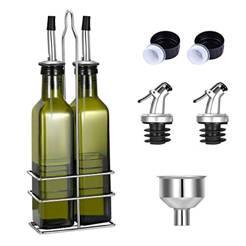 Gusnilo Glass Olive Oil Bottle - 250ml Second Generation Green Oil & Vinegar Cruet with Pourers and Funnel - Olive Oil Carafe Decanter for Kitchen-(8.5 Oz Ounce)