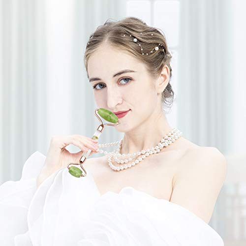 Jade Roller for Face Massage, Noiseless Facial Beauty Roller, Anti Aging Face Roller for Puffiness, Real Flower Infused Handle (Green)