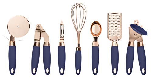 COOK With COLOR 7 Pc Kitchen Gadget Set Copper Coated Stainless Steel Utensils with Soft Touch Navy Handles