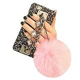 iPhone 7 Plus Case, iPhone 8 Plus Case, Babe Mall New Style Bling Diamond Fluffy Plush Ball Pendant Gemstone Chain Shockproof Hard Case (Pink)