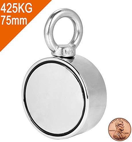 Double Side Magnet Round Neodymium Fishing Magnet Combined 936LB(425KG) Pulling Force, 75mm Diameter Super Powerful Fishing Magnet with Eyebolt for Magnet Fishing and Salvage in River