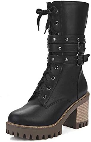 CHFSO Women's Stylish Solid Round Toe Lace Up Buckle Chunky High Heel Platform Boots Black 8 B(M) US
