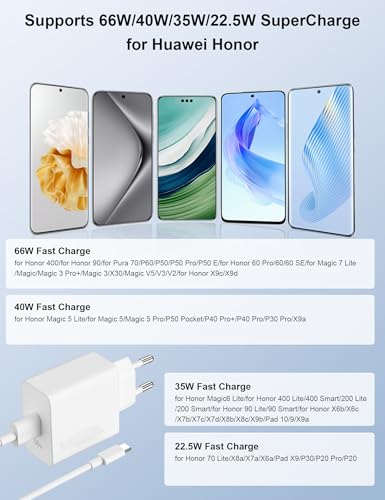 66W Fast Charger for Honor 400 200 600 Lite Smart Mains Chargers and 6A USB C Cable 1m Fast Charge for Honor Magic 6 7 8 Lite 6Pro V5 V3 X6b X6c X7b X8d X9c X9d for Pura 70 Pad 10 X9 X9a X8a