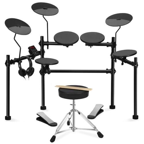 VEDO Bateria Eletrônica Portátil para Iniciantes com 4 Almofadas Silenciosas, 200 Sons, Banco Ajustável, Pedais Duplos e Fones de Ouvido - Kit Completo para Estúdio e Performances ao Vivo