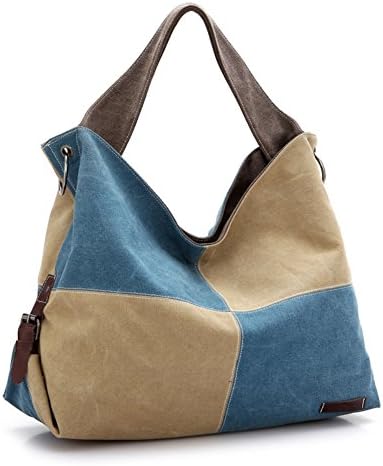 KissAir(TM) Women's Multicolor Casual Canvas Hobo Portable Handbag Shoulder Tote(Blue and Khaki)