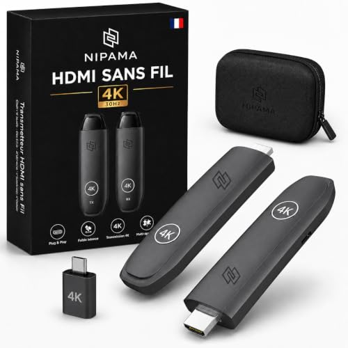 NIPAMA 4K Wireless HDMI – Wireless Transmitter Receiver Plug & Play | HDMI Wireless Transmitter | No WiFi or App | 30M Range | TV PC Mac Projector | USB-C Included | Pouch Included