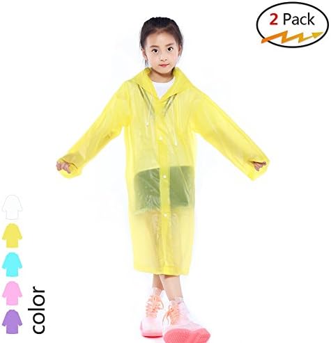 Silkclo 2 Pack Kids Children Rain Ponchos,Portable Reusable Raincoat with Hood and Sleeves,for Theme Parks, Sporting Events, Camping, Traveling, Concerts Or Some Emergencies (Yellow)