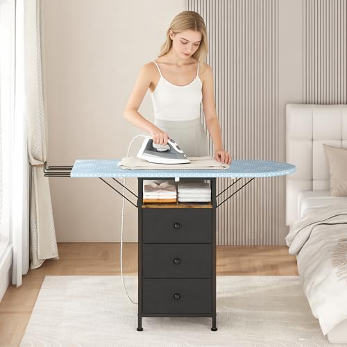 Uzelia Tabla de Planchar Plegable, 110×29×75cm, Burro de Planchar con Soporte para Plancha y Tres Cajones, Estructura de Hierro Más Estable, Adecuado para Salas de Estar, Dormitorios y Lavaderos