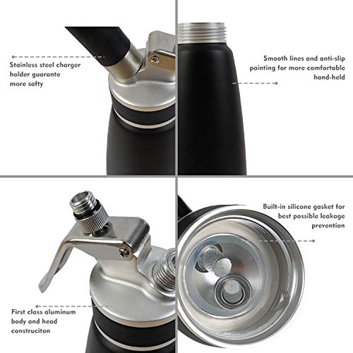 Xindinyi Professional Whipped Cream Dispenser 500 Milliliter Aluminum Cream Canister With 3 Nozzle, 1-Pint Homemade Whipped Cream Maker, Black (Cartridges Not Included)