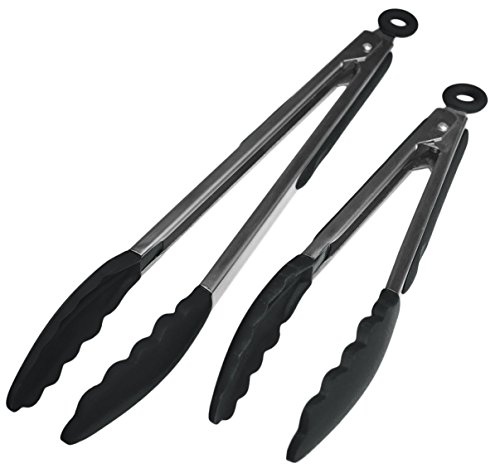 StarPack Premium Silicone Kitchen Tongs 2 Pack (9-Inch & 12-Inch), Bonus 101 Cooking Tips (Gray-Black)