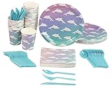 Disposable Dinnerware Set - Serves 24 - Dolphin Party Supplies for Kids Birthdays Includes Plastic Knives, Spoons, Forks, Paper Plates, Napkins, Cups