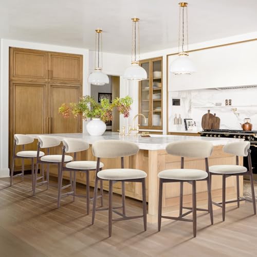 COLAMY Counter Height Bar Stools Set of 6, Kitchen Bar Stools with Back, Mid Century Modern Upholstered, with Wood Legs for Kitchen Island Dining Room, Beige