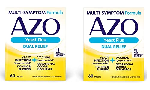 AZO Yeast Plus Dual Relief Tablets, Yeast Infection and Vaginal Symptom Relief, Relieves Itching & Burning, 60 Count (Pack of 2)