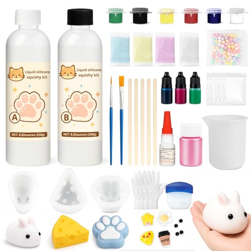 1DFAUL Squishy Liquid Silicone Making Kit, 17.6oz Squishy Gel Create Your Own Squishies, Bubble Free and Quick Dry, with Molds for Rabbit, Cat Paw, Cheese, Fun Stress Relief
