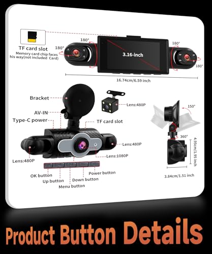 Rimoody 4 Channel Car Dashcam 360°, 4 HD 1080P Front and Rear Left Right Camera, 3 Inch IPS Screen Dash Cam with 8 IR Night Vision/Loop Video/24H Parking Monitor