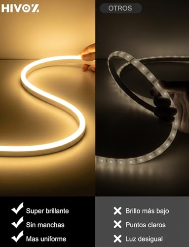 Tira LED Neón 5M Blanco Cálido, 120 LED/m 600 LEDs, IP65 Impermeable, Tira de Luces LED Flexible de Silicona Cortable 12V para Decoración de Habitación, Sala, Cocina, TV, Jardín y Exterior