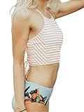 MNLYBABY Women Girls Striped Two Piece Bikini High Waisted Lace Up Halter Padding Bathing Suits Size M/US 4-6 (Pink),Peach,M