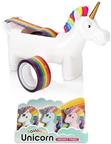 Unicorn Tape Dispenser with 2 x Rolls of Rainbow Tape with Rainbow Unicorn Memo Tabs