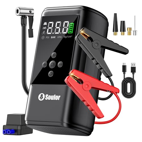 6000A Jump Starter with Air Compressor 160PSI, 12V Car Battery Booster for 10L Gas/10L Diesel, Portable Tire Inflator Car Booster Pack with Jumper Cables & 3 in 1 LED Light