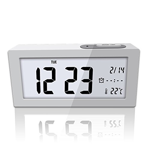 eBoTrade Digital Alarm Clock, Alarm Clocks Bedside- Temperature Display- Snooze and Large Display- Smart Night Light - Battery Operated Alarm Clock and Home Alarm Clock White