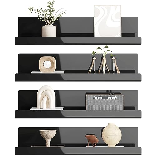 LOFTPLUS Wall Shelf, No Drilling - Set of 4, Black Acrylic Wall Shelf for Books and Photos, Home Decoration Floating Shelf for Kitchen, Bathroom, Office, Living Room (32x10x8 cm)
