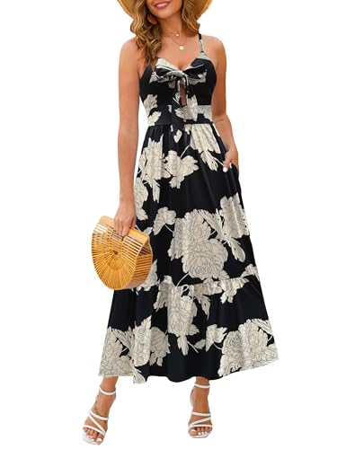Kranda Summer Dresses for Women 2026 Spring Sleeveless Long Sundress High Waist Tie Front Vneck Smocked Casual Ruffle Flowy Spaghetti Strap Beach Boho Floral Maxi Dress with Pockets Beige Black L at Amazon