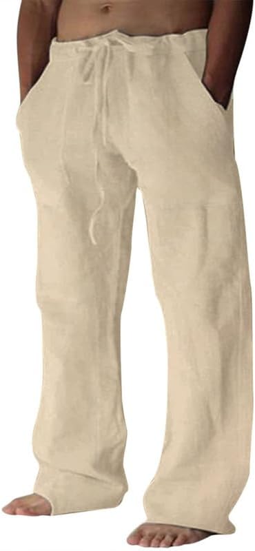 Calças de linho masculinas de algodão de verão com bolsos com cordão