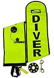 DiveSmart 4ft Scuba Diving Open Bottom Surface Marker Buoy (SMB) Kit with 100ft Finger Spool ABS Dive Reel, High Visibility Surface / Signal Marker, Whistle