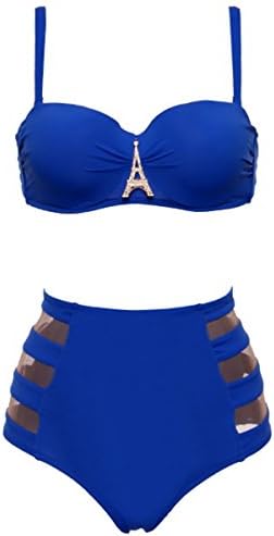 SYBKNSTW High Waist Swimwear Women Bandeau Bikini Sexy Mesh Bottom Bikini Set Diamond Swim Bathing Suits Blue XXXL