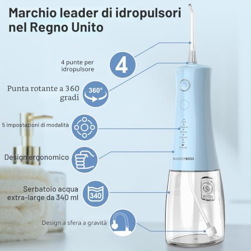 idropulsore dentale, irrigatore orale elettrico senza fili, 5 modalità di pressione, serbatoio da 340 ml, impermeabile IPX8, dispositivo portatile per la cura delle gengive (Blu Pastello)