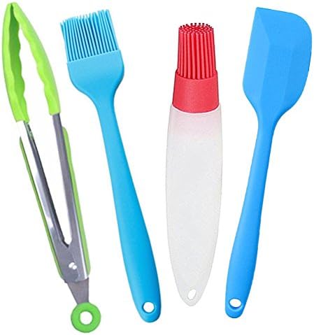 Stainless Steel Silicone Kitchen Grilling Tongs Heavy Duty 9 inch, Cooking Spoons Spatula Basting Pastry Oil Bottle Brush BBQ Brushes - Set of 4, for Burgers Bacon Sausage Steaks Eggs Pancakes