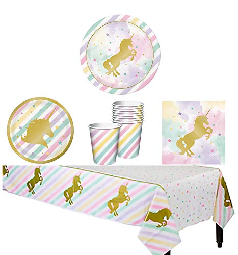 Sparkle Unicorn Party Supplies Birthday Pink Gold Metallic Kit - Tableware Set Serves 16: Unicorn Plates and Napkins, Birthday Cups, Rainbow Tablecloth, Party Planning Checklist for Adult and Girls