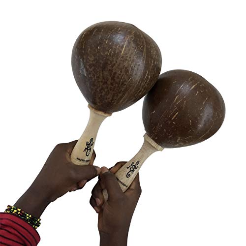 Large Coconut Single Maracas Shaker - World percussion musical instrument rattle by World Percussion USA - Natural finish, stained handle - Thumbnail 2