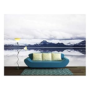 Mountain Range Covered with Snow with Reflection in The Lake - Removable Wall Mural | Self-Adhesive Large Wallpaper - 66x96 inches