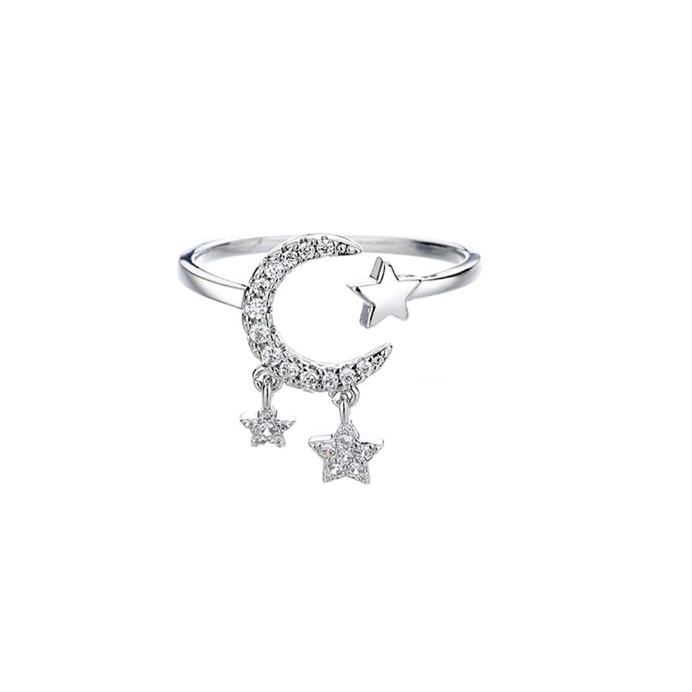 Crescent Moon Star Open Rings for Women Girls Cubic Zirconia Dangle Tassel Adjustable Stacking Statement Knuckle Finger Ring Promise Gift Anniversary Valentine's Day Fashion Birthday Jewelry Gifts