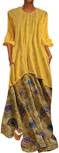 Farmerl Women Vintage Retro Printed Fake Two-Piece Long Sleeves O-Neck Maxi Dresses