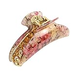 uxcell Pink Flowers Pattern Gold Tone Teeth Hair Claw Clip Beige for Ladies