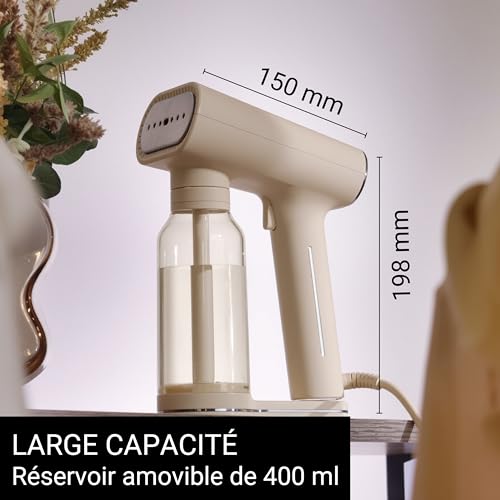STEAMONE - Steamer Steamer 2000W, 30g/min - Portable iron - Capacity 400ml - Removes 99.99% impurity - Ready in 30s - Cable 3m - Compact size - KARL XL - CREAM400 | Steamer Portatif Karl XL, 2000W, Réservoir 400ml, 2 Modes, Prêt en 30s, Crochet Ventouse Inclus, CREAM400
