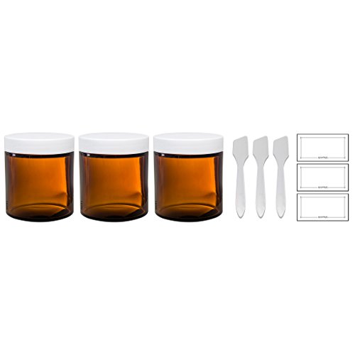 Amber Thick Glass Straight Sided Jar with White Smooth Lids - 4 oz / 120 ml (3 pack) + Spatulas and Labels