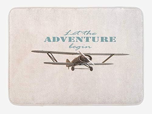 Casepillows Adventure Bath Mat, Let The Adventure Begin Inscription and Biplane Tropical Summer Vacation, Plush Bathroom Decor Mat with Non Slip Backing, 23.6 x 15.7 Inches, Cream Turquoise Tan