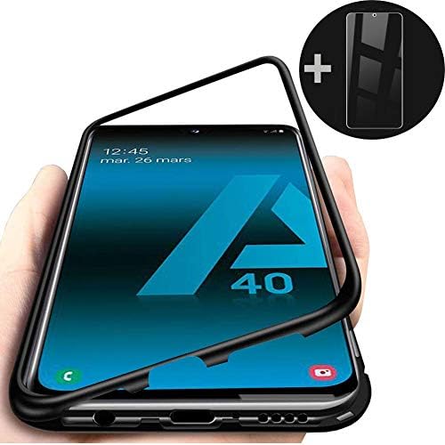 Mkej Magnetic Adsorption Metal Case for Samsung Galaxy A40, [Gift Screen Protector] Built-in Magnets Metal Bumper Frame + 9H Clear Tempered Glass Back Cover for Samsung Galaxy A40 [Black]