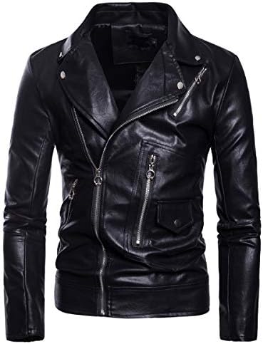 AOWOFS Men's Faux Leather Jacket Motorcycle Lapel Bomber Punk Irregular Zipper Jacket Black Slim