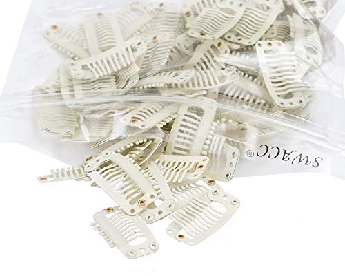 SWACC 100 Pcs U Shape Metailic Snap Clips ins for Hair Extension Hairpiece DIY Snap-Comb Wig Clips with Rubber (White Beige, 9-Teeth 6 Holes)