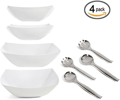 Set Of Four Square Plastic Serving Bowls With Spoons – Two Large (64 oz) and Two Medium (32 oz) Bowls – Perfect For Your Party or Event – and Durable Hard Plastic (white)