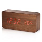 Alarm Clock, YOKKAO Digital Led Desk Clock Touch Sound Sensor Voice Control Built-in Temperature Time Display for Home and office (Wooden Color)