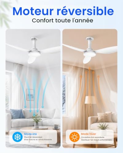 Hisummer 106 cm Ceiling Fan with Light, E27 Connection Only with Base Supplied, Quick Assembly Silent Reversible Ceiling Fan with Remote Control for Bedrooms, Living Rooms, Kitchens