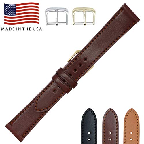 Real Leather Creations Made in the USA - English Bridle Leather - Flat Sewn - Watch Strap Band - Gold and Silver Buckles Included – Available in: Black, Brown & Tan - Factory Direct