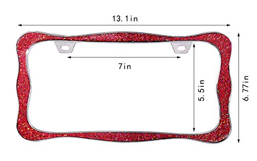 Creathome 3D Shining License Plate Frame, Chrome with Shining Red Chunky Gliter, Pure Zinc Alloy Metal