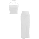Verdusa Women's 2 Piece Vacation Outfits Ruched Crop Halter Top with Slit Bodycon Long Skirt Going Out Sets