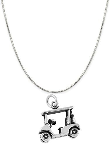 Sterling Silver Antiqued 3D Golf Cart Charm Pendant on a 16" Box Chain Necklace